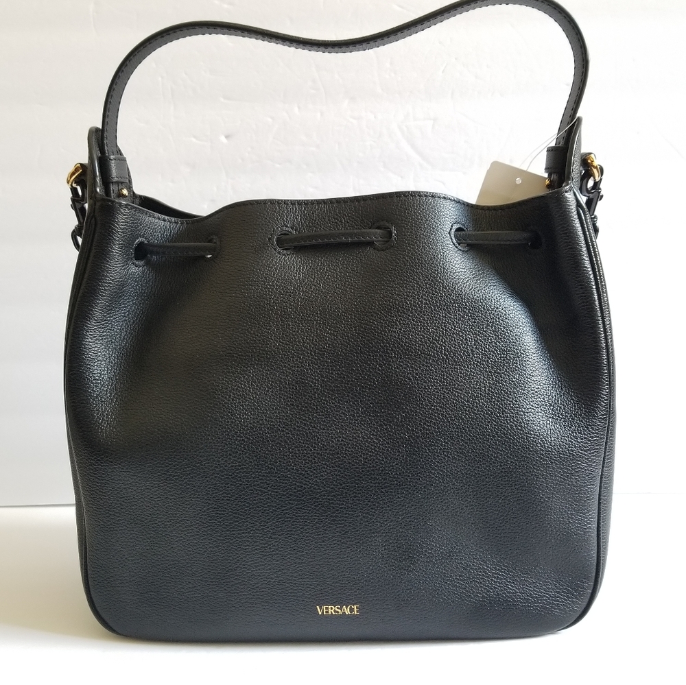 Versace La Medusa Leather Drawstring Shoulder Bag Black - Picture 11 of 14